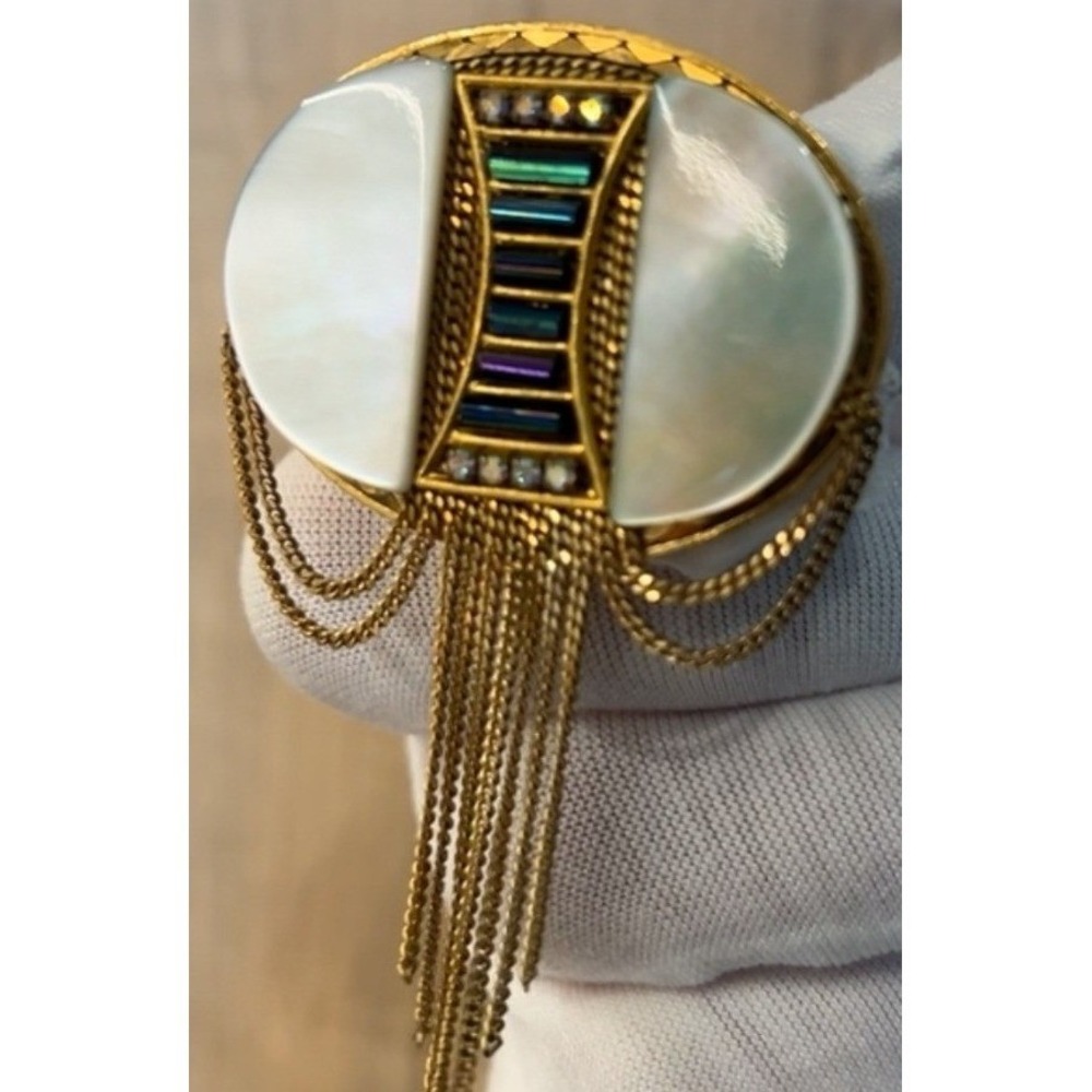 Marena Handarbeit Art Deco Mother of Pearl Rhinestone Fringe Pendant Brooch